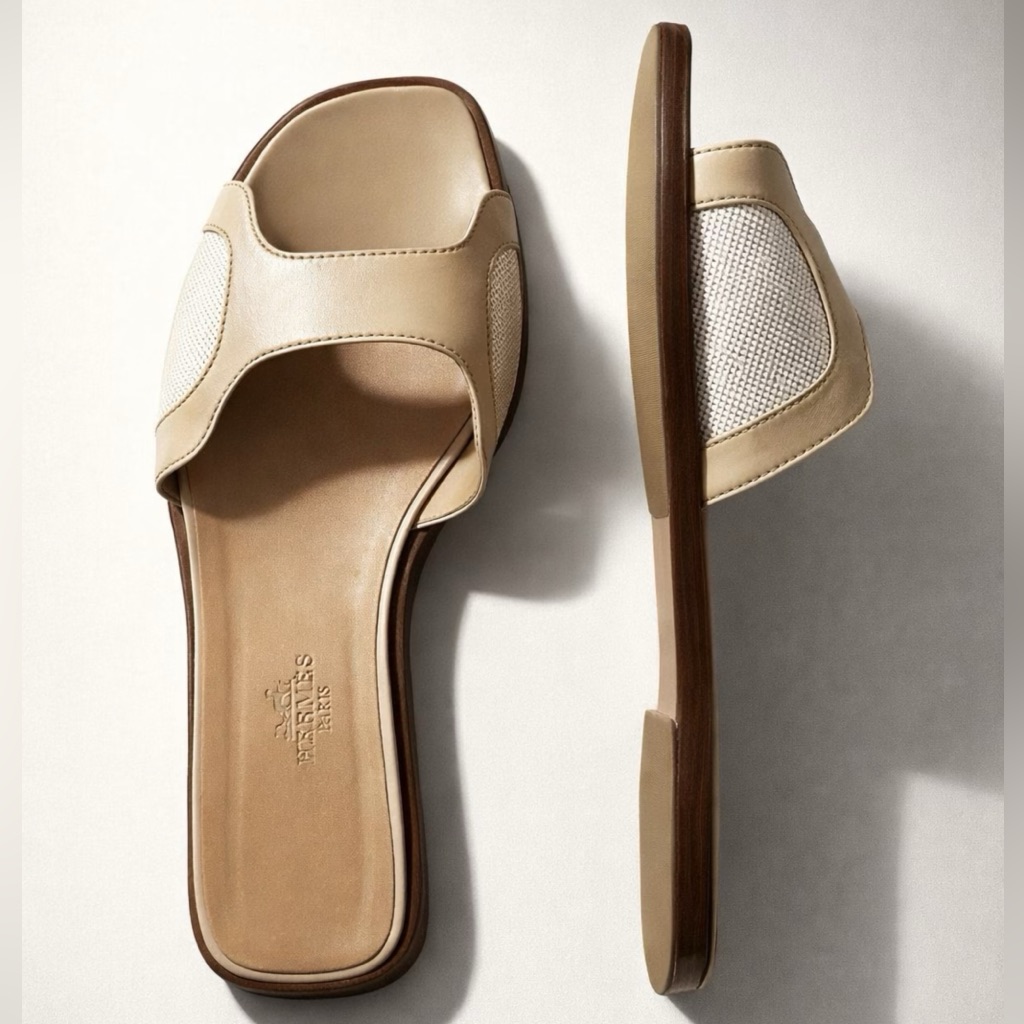 Hermes Vintage Leather And Canvas H Slides, Tan, 37